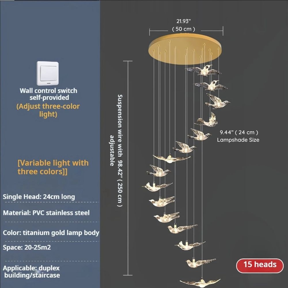 Bird Spiral Long Led Chandelier for Staircase and Foyer for high ceiling staircase and foyer lighting