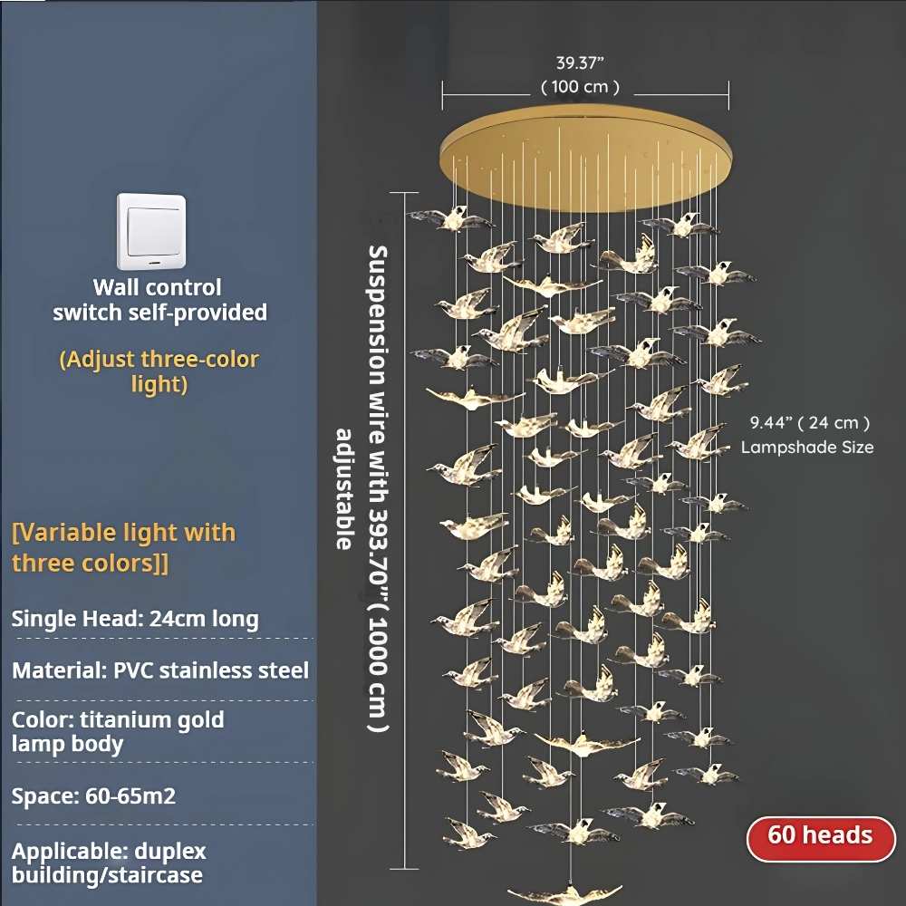 Bird Spiral Long Led Chandelier for Staircase and Foyer for high ceiling staircase and foyer lighting