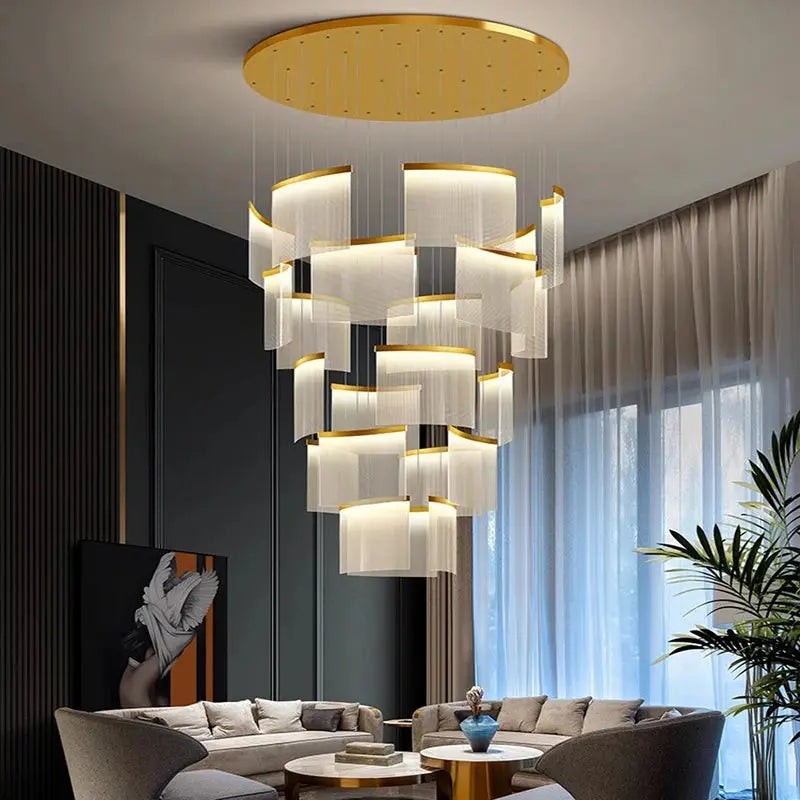 Nordic Ceiling Stair Chandelier Gold/Black for high ceiling staircase and foyer lighting