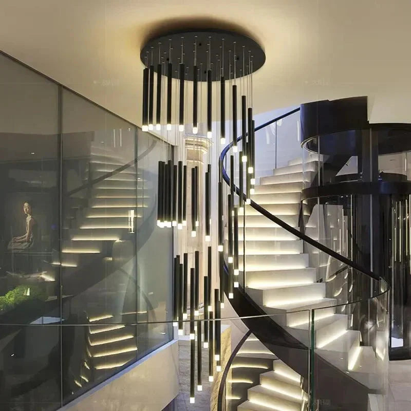 Black Modern Minimalist Stick Chandelier for Staircase for high ceiling staircase and foyer lighting