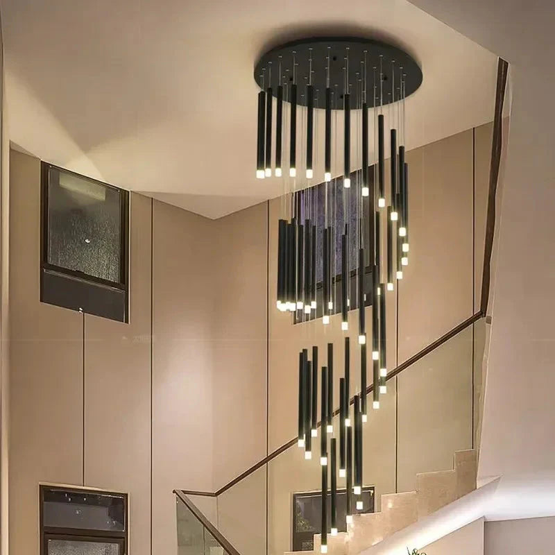Black Modern Minimalist Stick Chandelier for Staircase for high ceiling staircase and foyer lighting