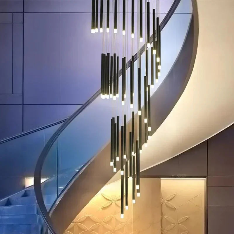 Black Modern Minimalist Stick Chandelier for Staircase for high ceiling staircase and foyer lighting