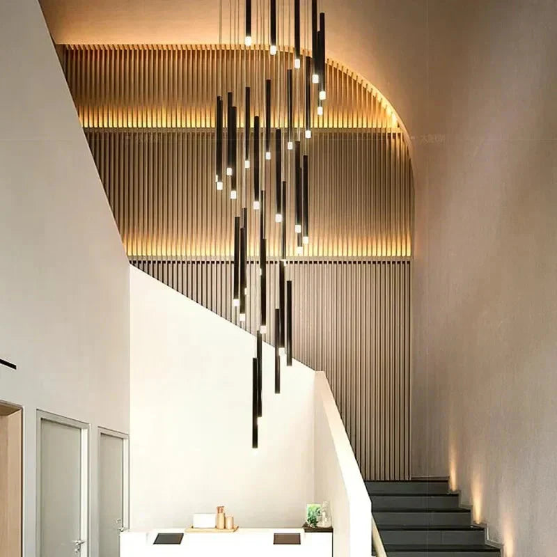Black Modern Minimalist Stick Chandelier for Staircase for high ceiling staircase and foyer lighting