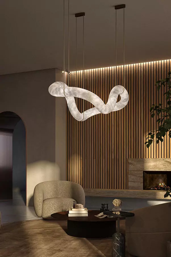 Streamlined Alabaster Linear And Curved Chandelier