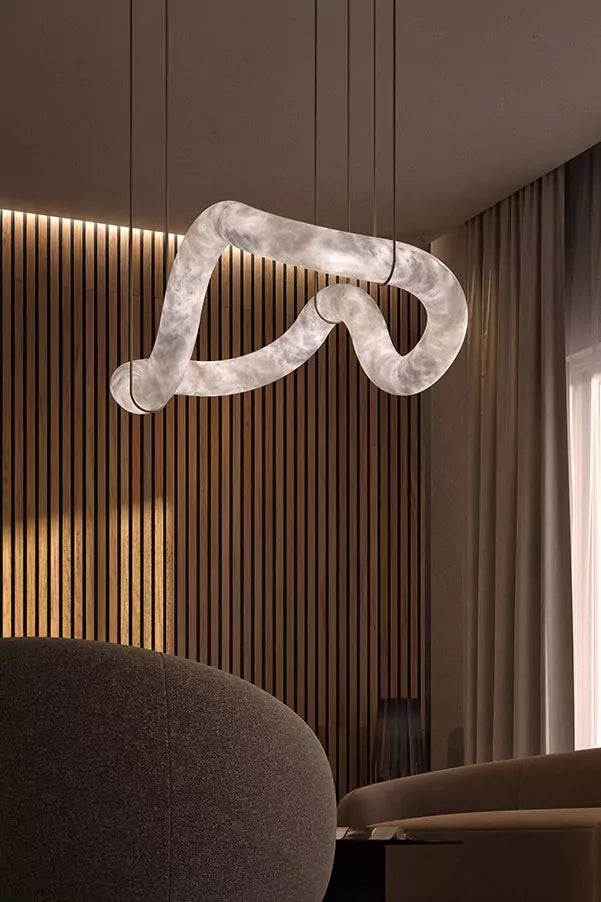 Streamlined Alabaster Linear And Curved Chandelier