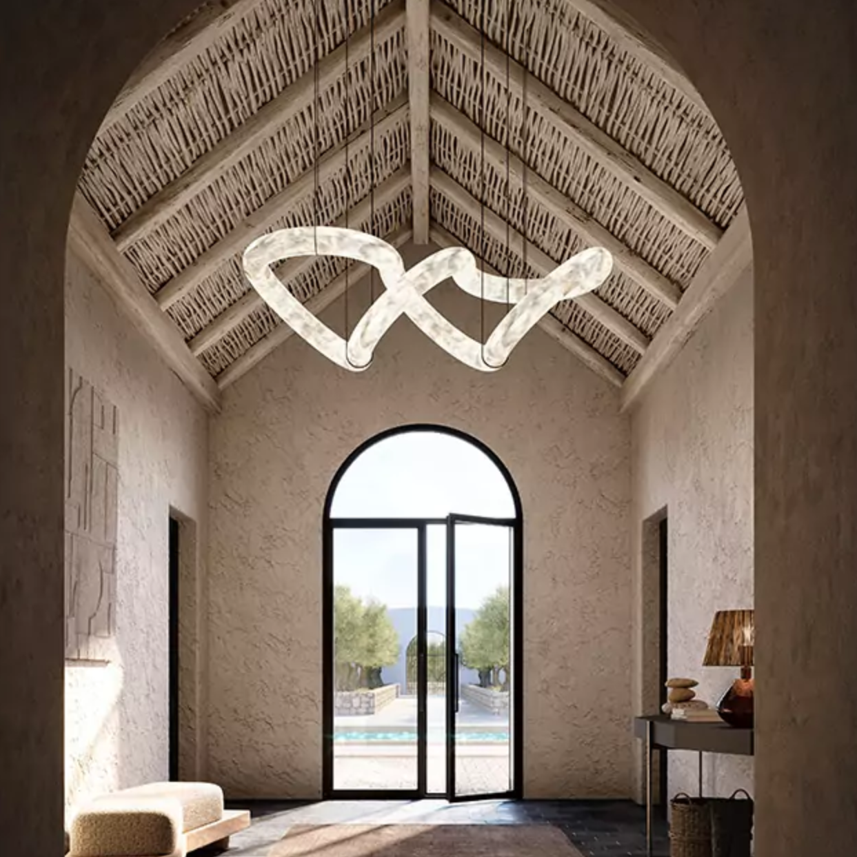Streamlined Alabaster Linear And Curved Chandelier