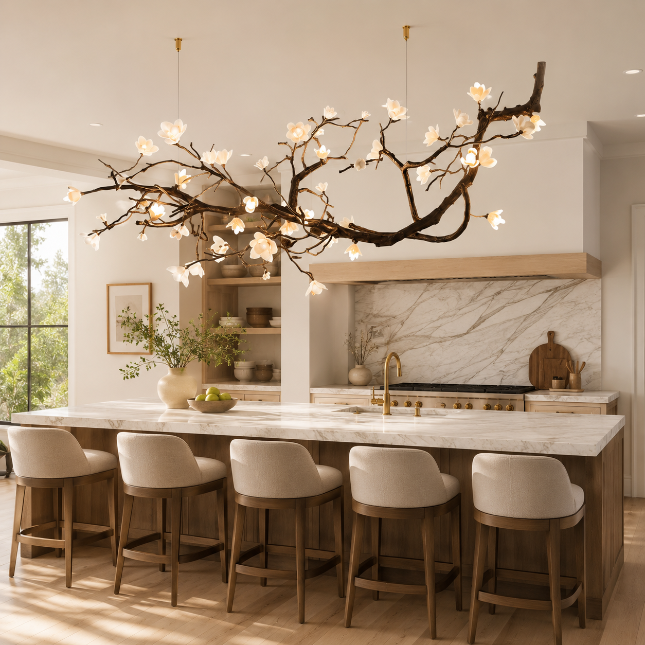 Bright luxury kitchen featuring a large dark branch chandelier with illuminated white ceramic flowers suspended above a long marble island, surrounded by warm wood finishes and five cushioned counter stools.