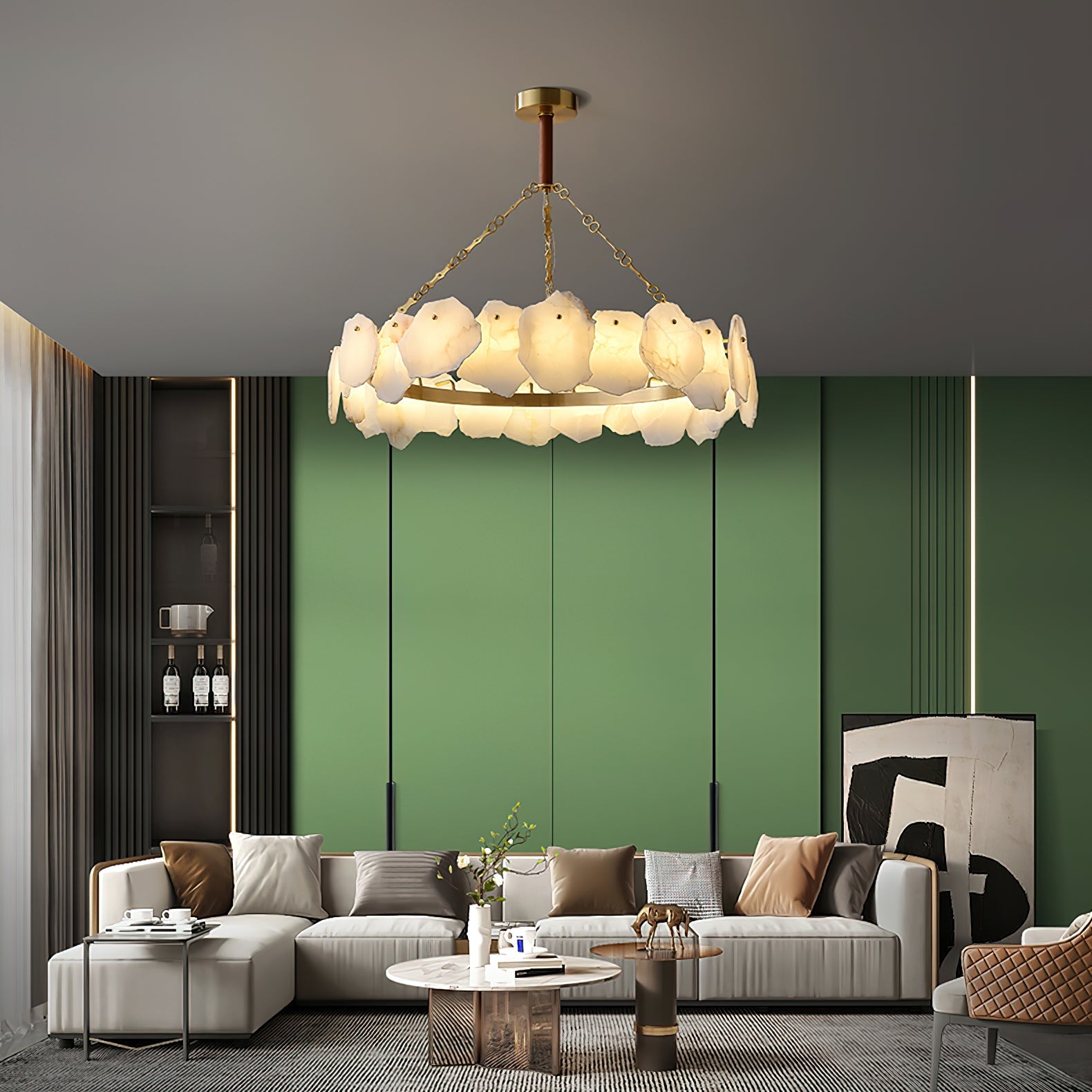 Burton Marble Round Chandelier with brass frame and marble shades by Bling Lighting Studio - view 11