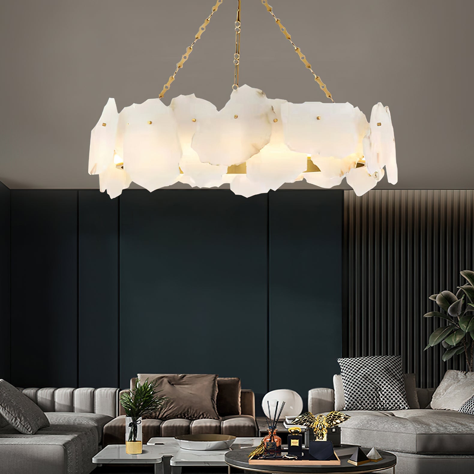 Burton Marble Round Chandelier with brass frame and marble shades by Bling Lighting Studio - view 18