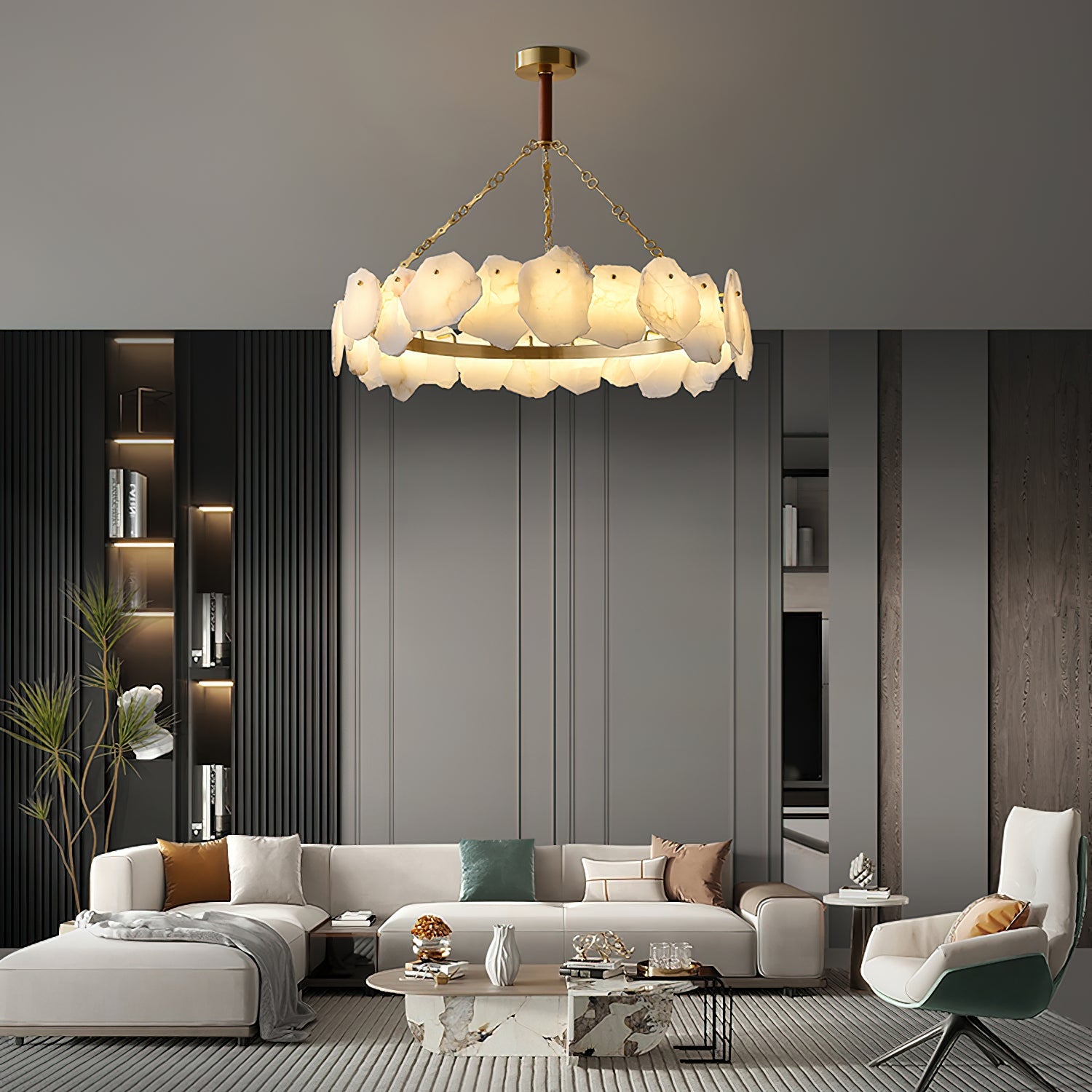 Burton Marble Round Chandelier with brass frame and marble shades by Bling Lighting Studio - view 10