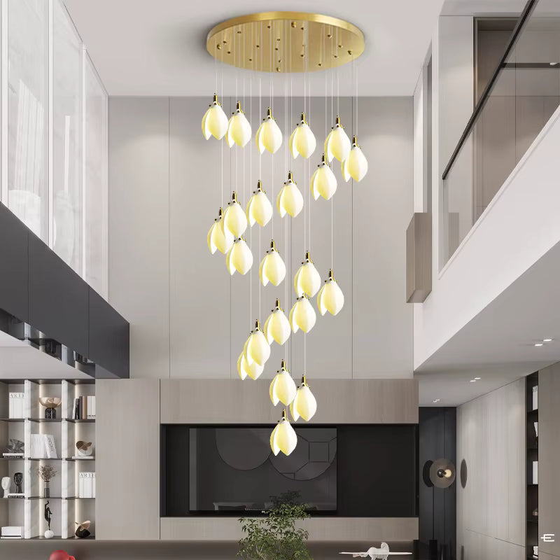 Ceramic Magnolia Staircase Chandelier 6/9/18/36 Lights for high ceiling staircase and foyer lighting