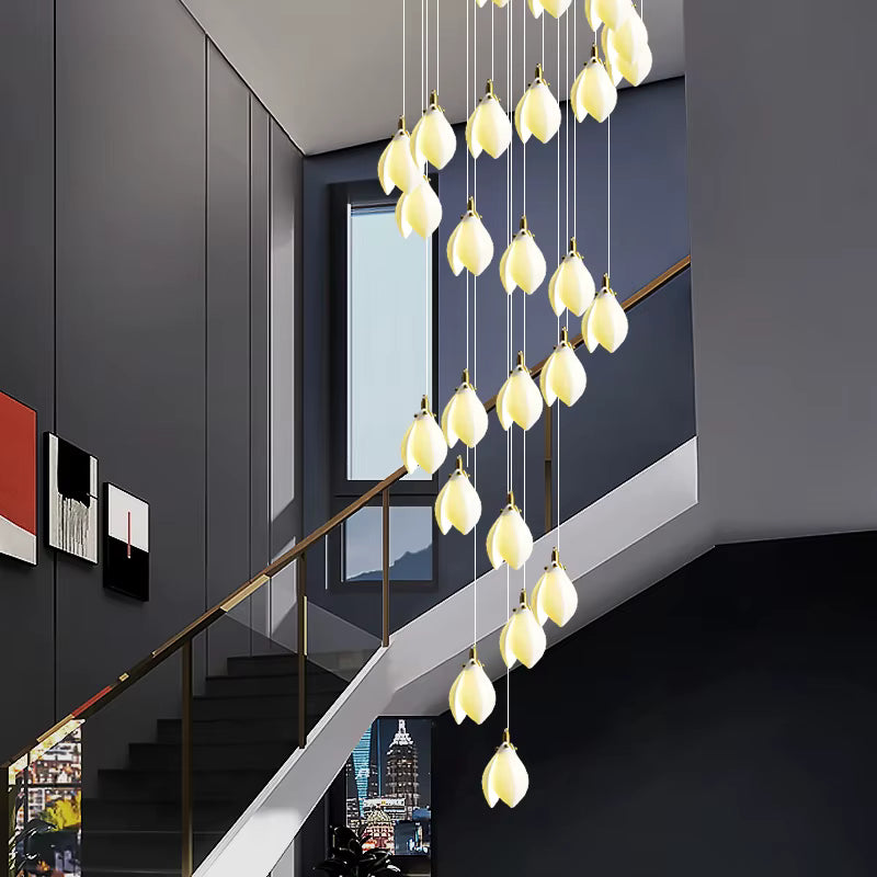 Ceramic Magnolia Staircase Chandelier 6/9/18/36 Lights for high ceiling staircase and foyer lighting