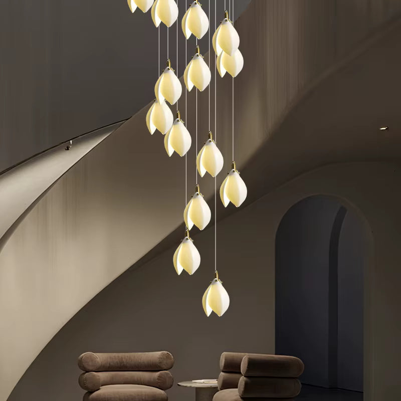 Ceramic Magnolia Staircase Chandelier 6/9/18/36 Lights for high ceiling staircase and foyer lighting