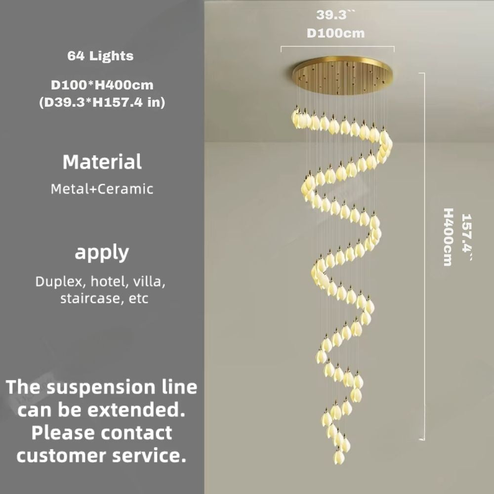 Ceramic Magnolia Staircase Chandelier 6/9/18/36 Lights for high ceiling staircase and foyer lighting