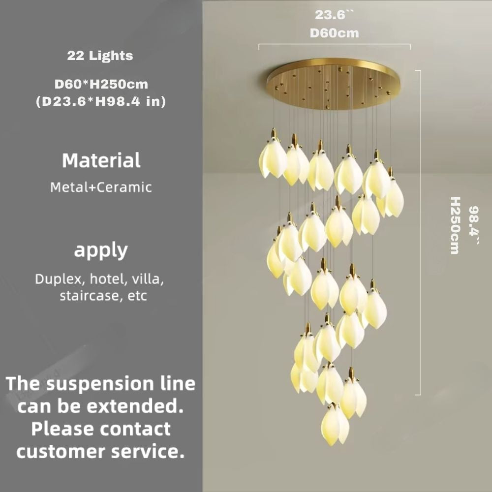 Ceramic Magnolia Staircase Chandelier 6/9/18/36 Lights for high ceiling staircase and foyer lighting