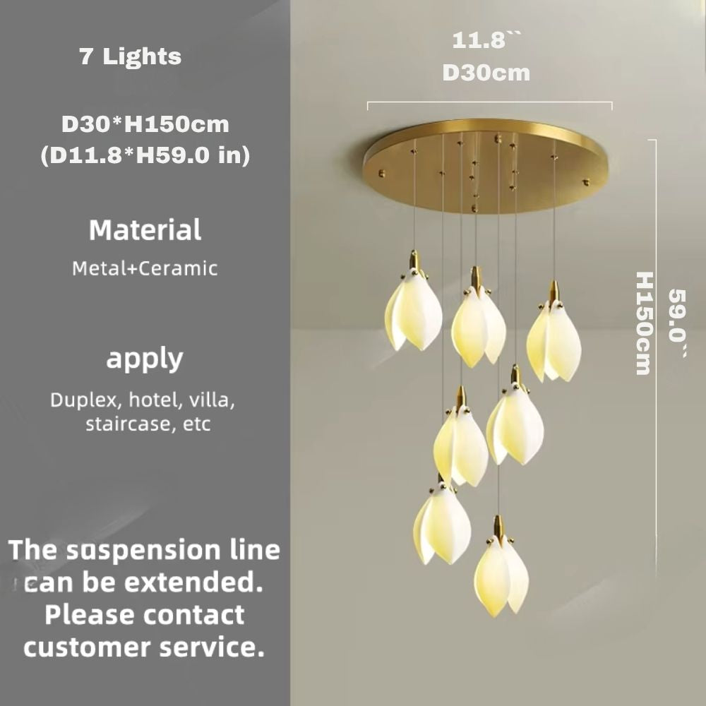 Ceramic Magnolia Staircase Chandelier 6/9/18/36 Lights for high ceiling staircase and foyer lighting