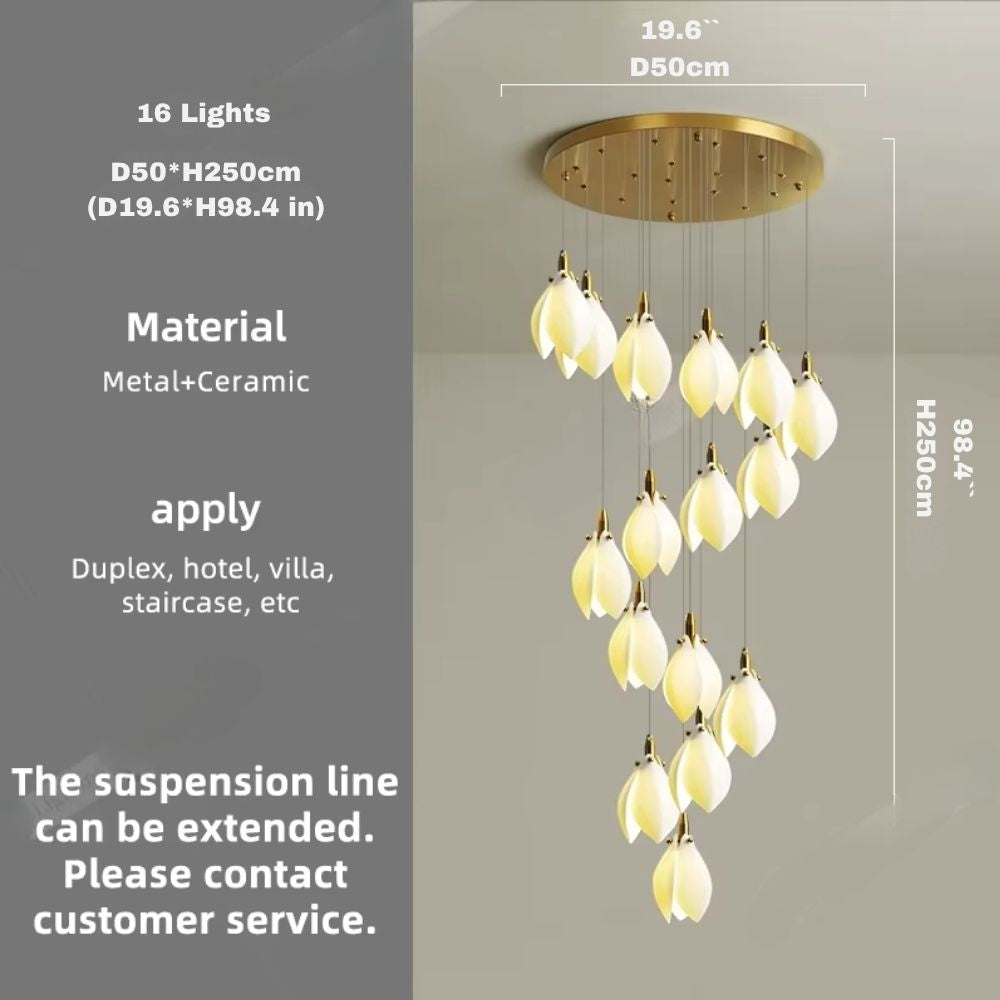 Ceramic Magnolia Staircase Chandelier 6/9/18/36 Lights for high ceiling staircase and foyer lighting