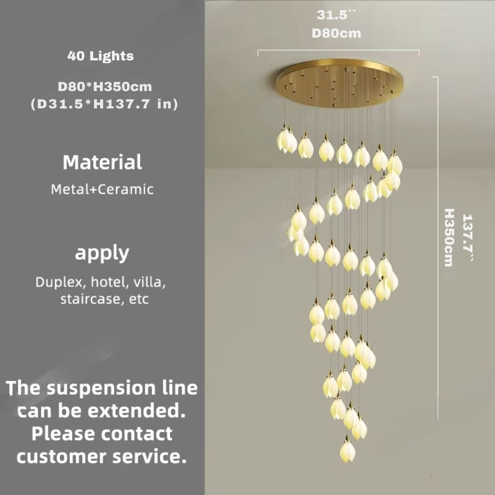 Ceramic Magnolia Staircase Chandelier 6/9/18/36 Lights for high ceiling staircase and foyer lighting