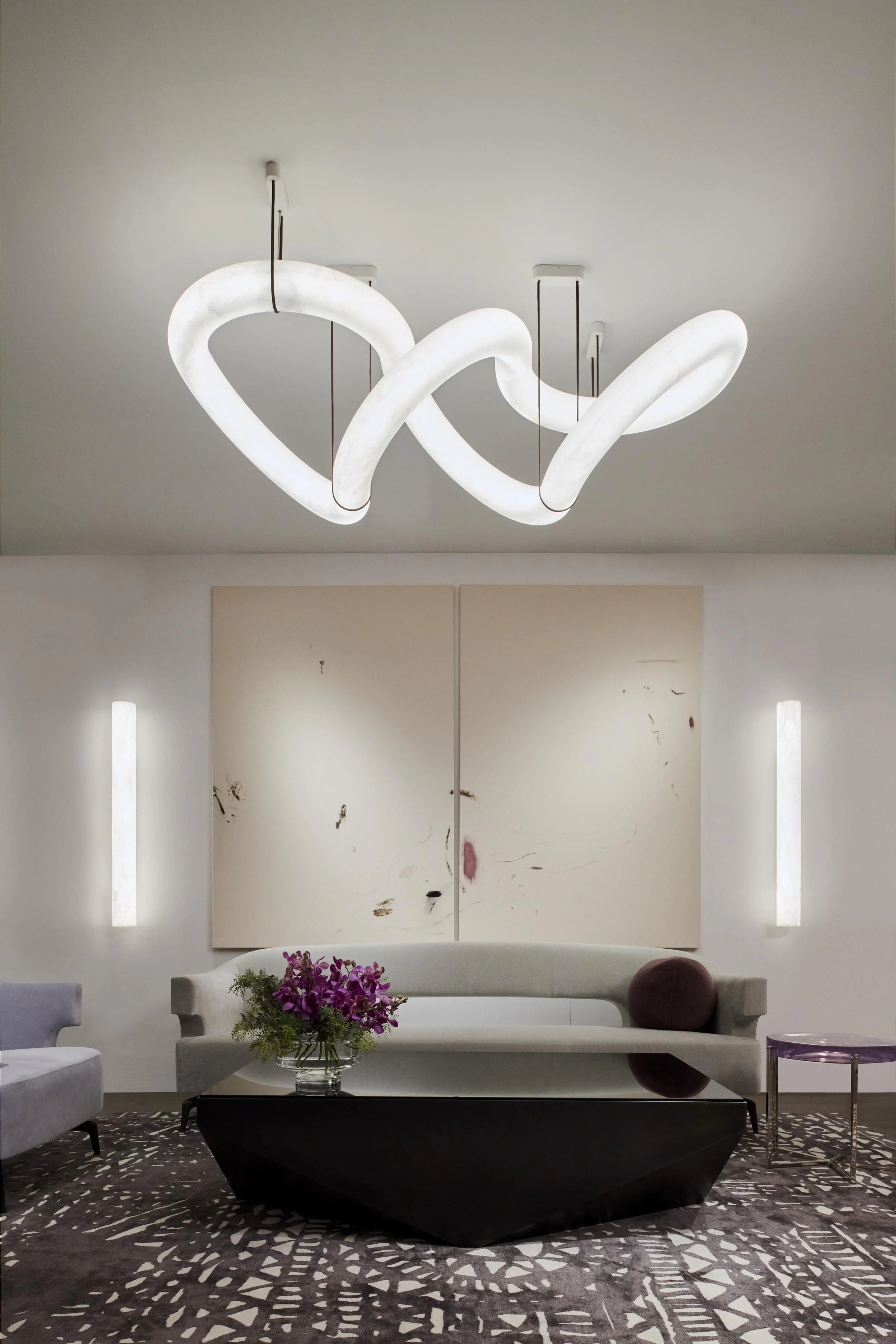 Streamlined Alabaster Linear And Curved Chandelier