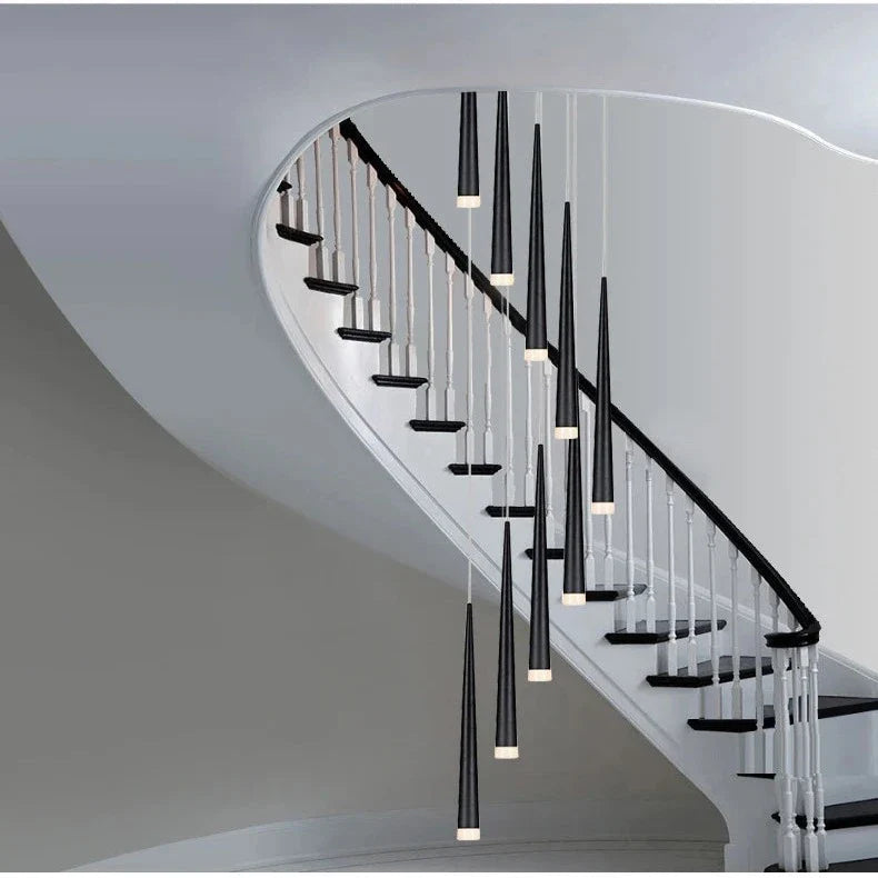 Contemporary Black LED Pendant Light for Stairwell for high ceiling staircase and foyer lighting