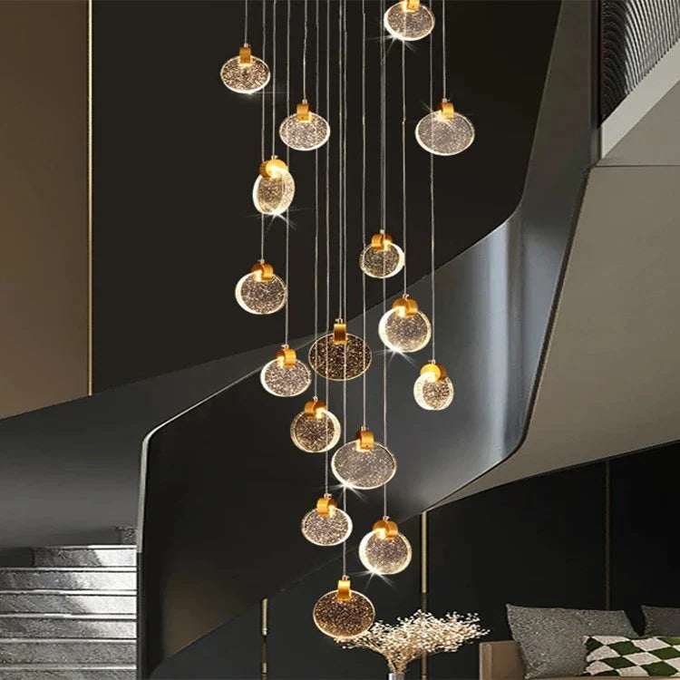 Contemporary LED Chandelier with Crystal Pendant for high ceiling staircase and foyer lighting