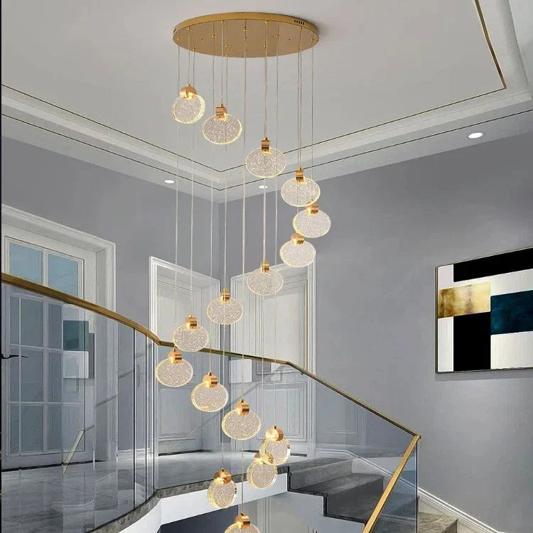 Contemporary LED Chandelier with Crystal Pendant for high ceiling staircase and foyer lighting