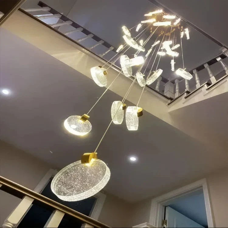 Contemporary LED Chandelier with Crystal Pendant for high ceiling staircase and foyer lighting