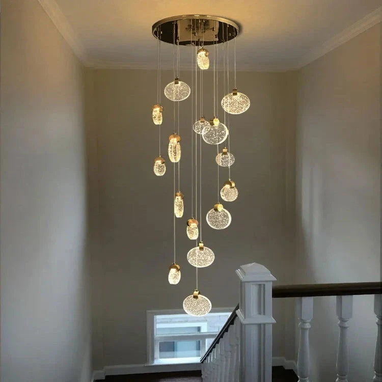 Contemporary LED Chandelier with Crystal Pendant for high ceiling staircase and foyer lighting