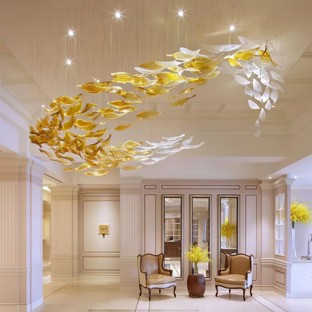 Swaying Leaves Cascade Chandelier for Staircase chandelier in a tall interior