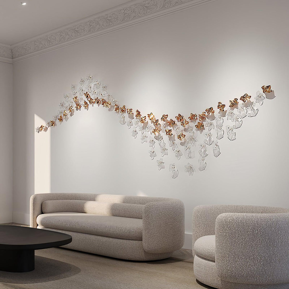 Tidal Pendant Light for Staircases with an Art Glass Cascade Up to 118.1″H chandelier in a tall interior