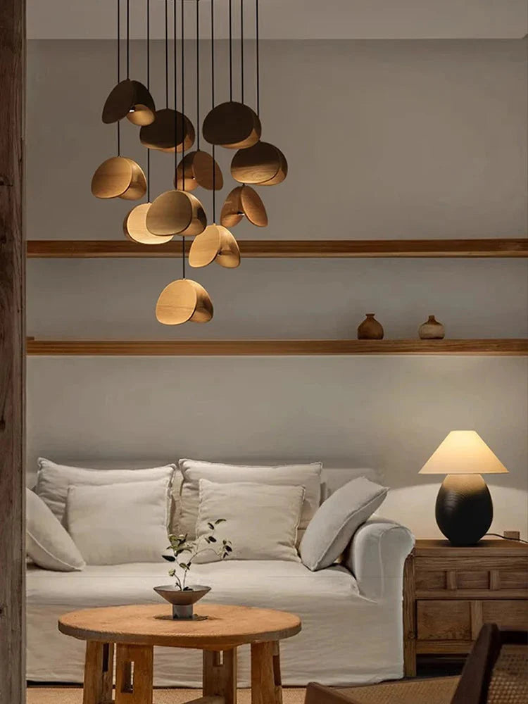 Elor Contemporary Wood Multi Light Pendant for high ceiling staircase and foyer lighting