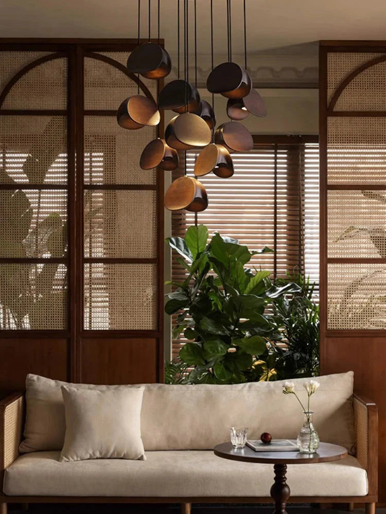 Elor Contemporary Wood Multi Light Pendant for high ceiling staircase and foyer lighting