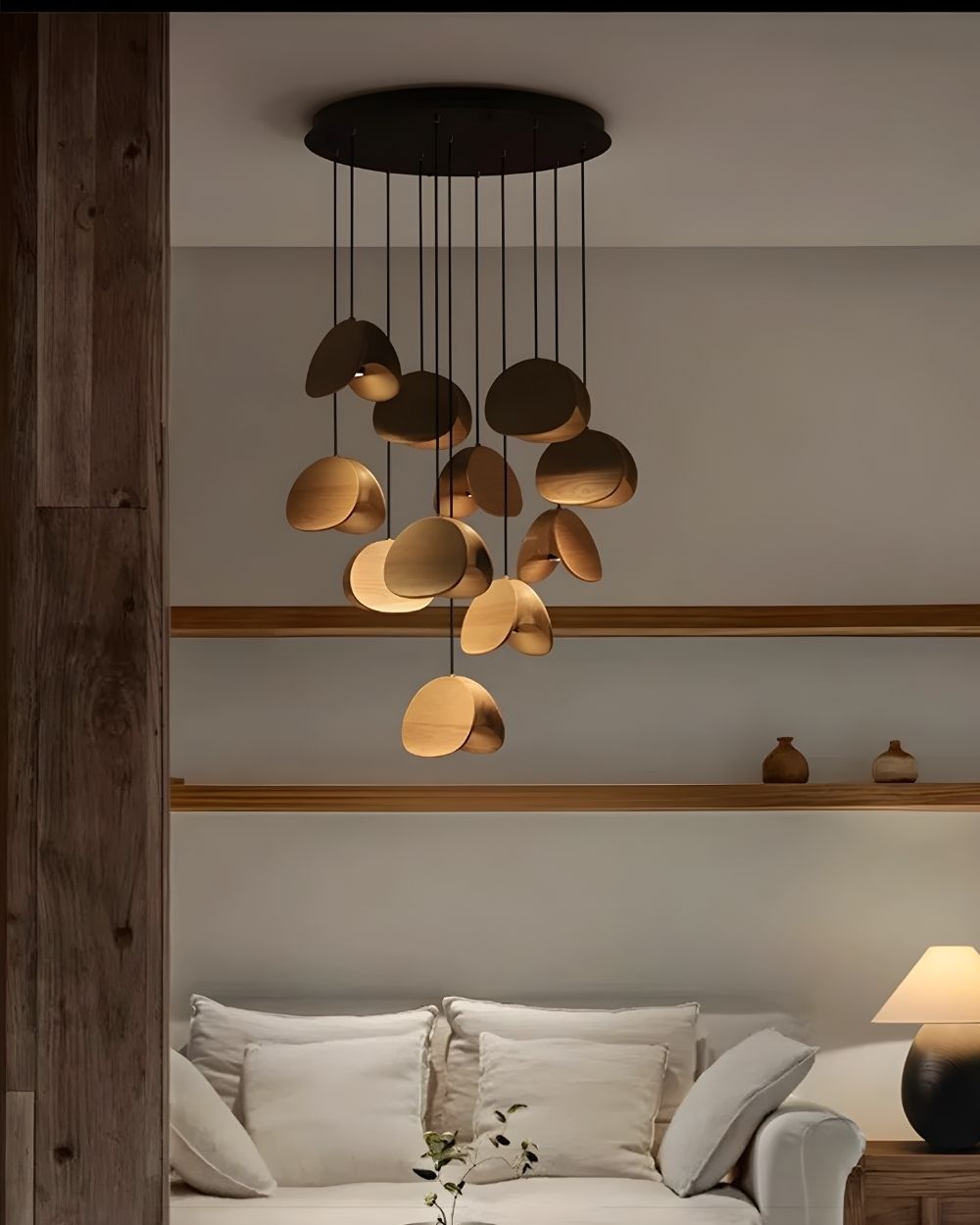 Elor Contemporary Wood Multi Light Pendant for high ceiling staircase and foyer lighting