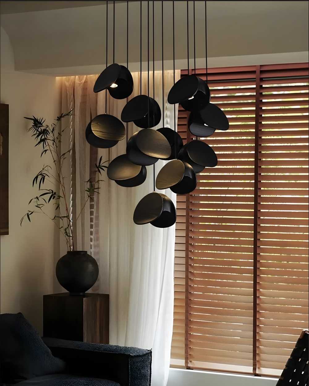 Elor Contemporary Wood Multi Light Pendant for high ceiling staircase and foyer lighting