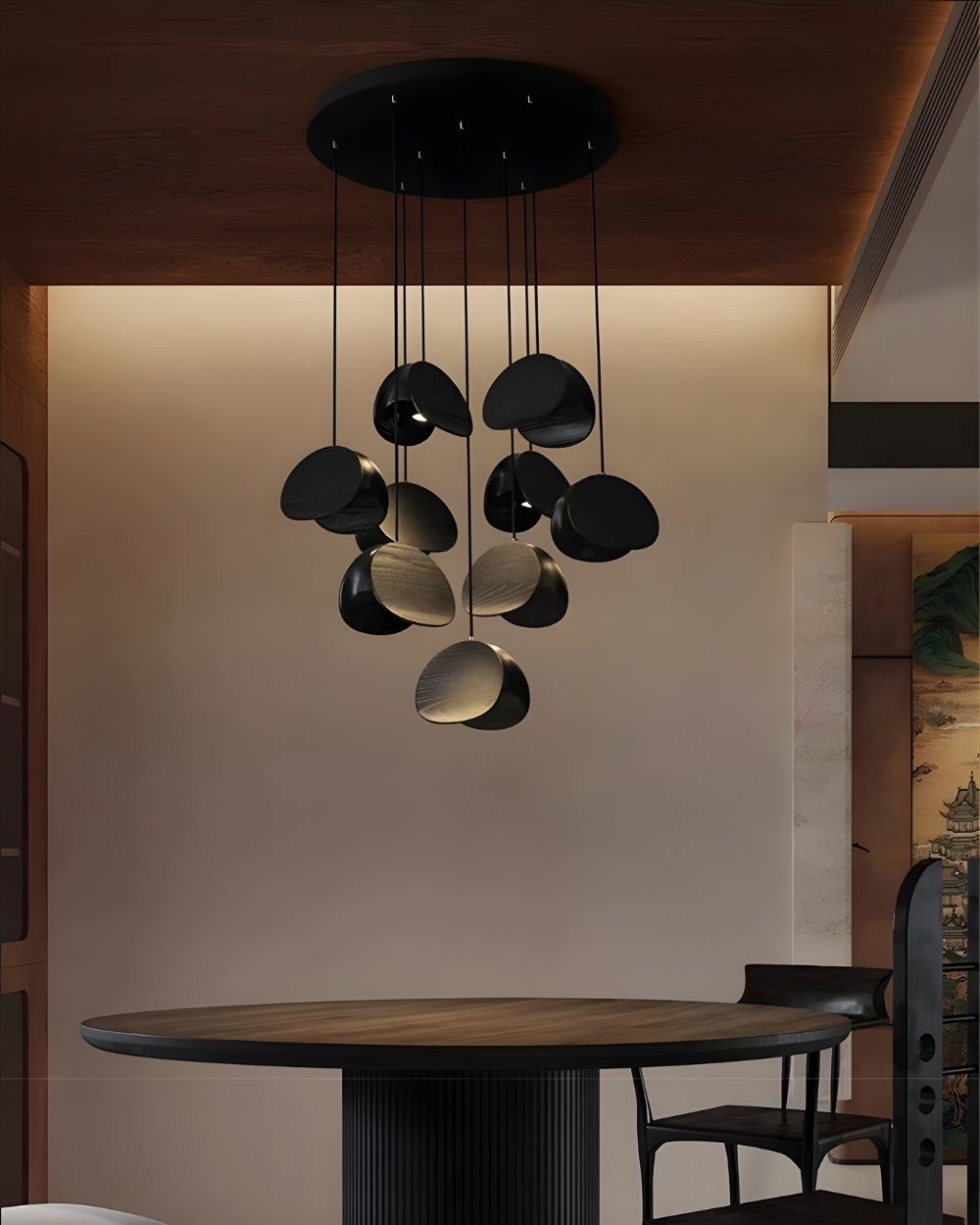Elor Contemporary Wood Multi Light Pendant for high ceiling staircase and foyer lighting