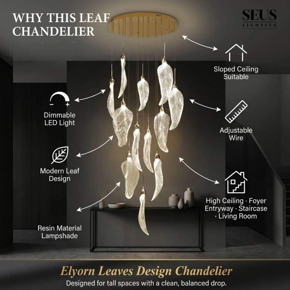 Elyorn Leaves Design High Ceiling Foyer Chandelier for high ceiling staircase and foyer lighting