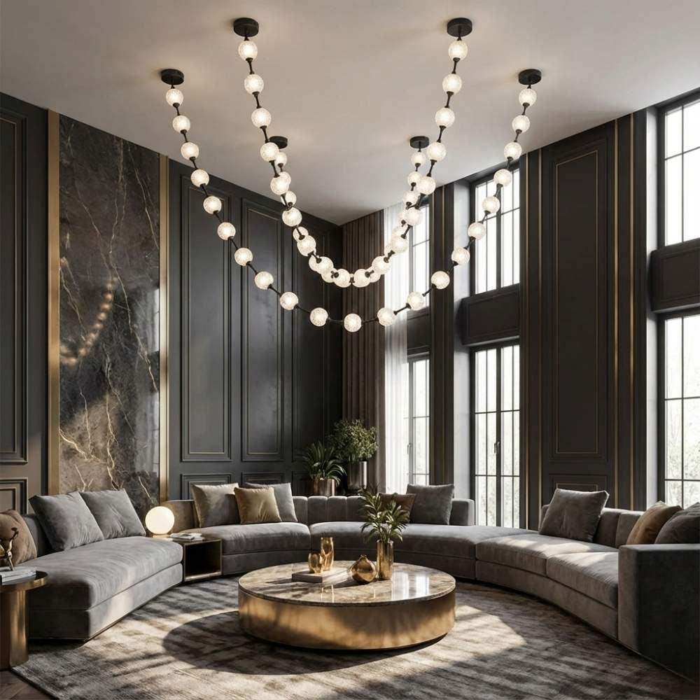 Esle Modern Pearl Necklace Chandelier for high ceiling staircase and foyer lighting