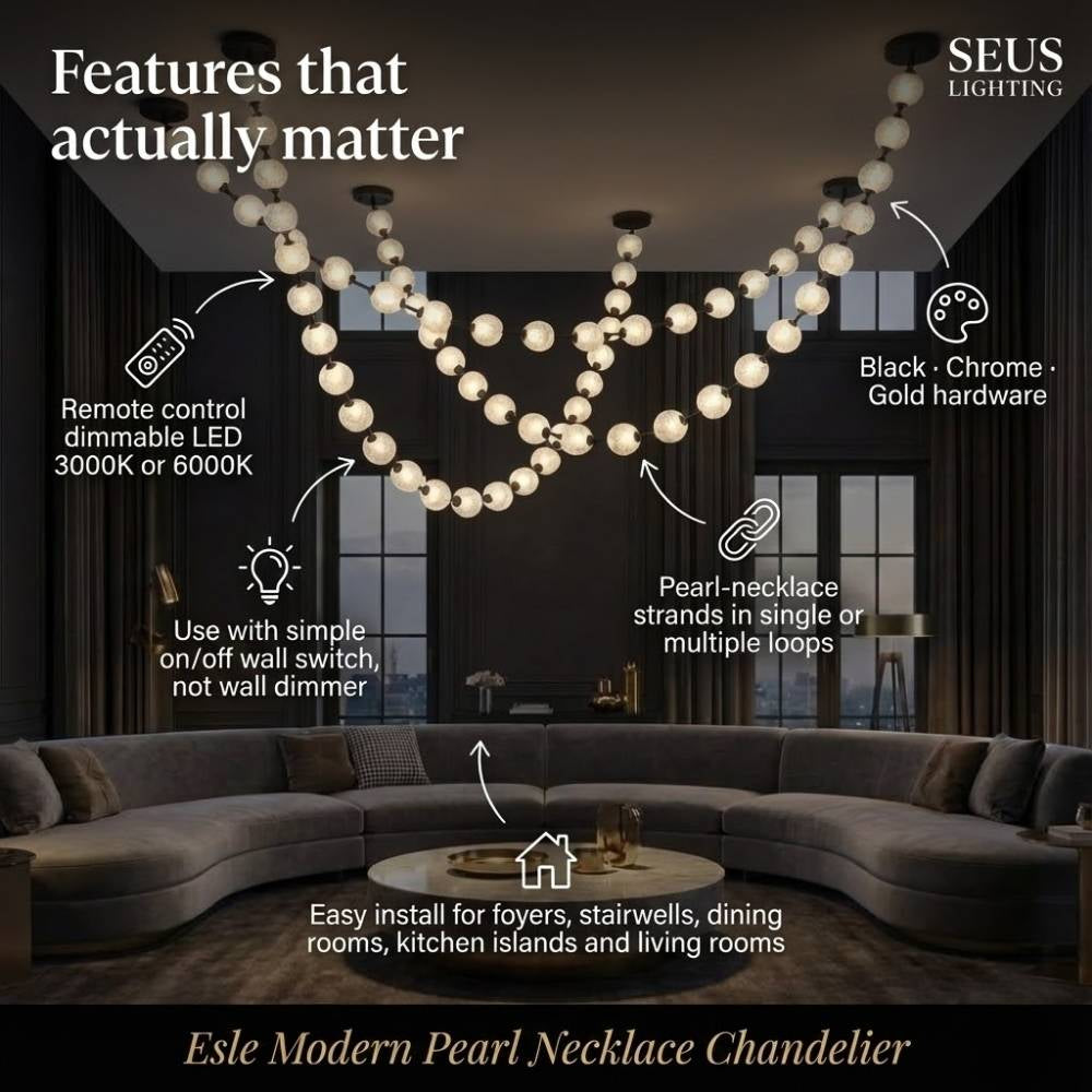 Esle Modern Pearl Necklace Chandelier for high ceiling staircase and foyer lighting