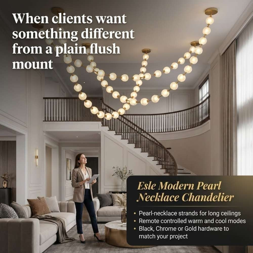 Esle Modern Pearl Necklace Chandelier for high ceiling staircase and foyer lighting