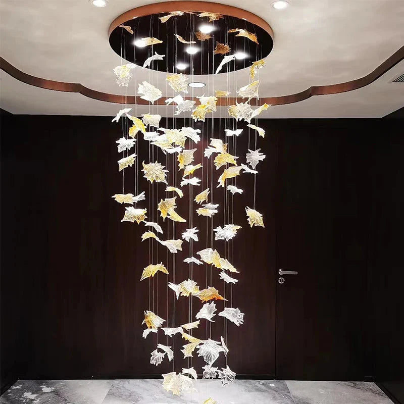 Glass Maple Leaf Hanging Light for Staircase for high ceiling staircase and foyer lighting