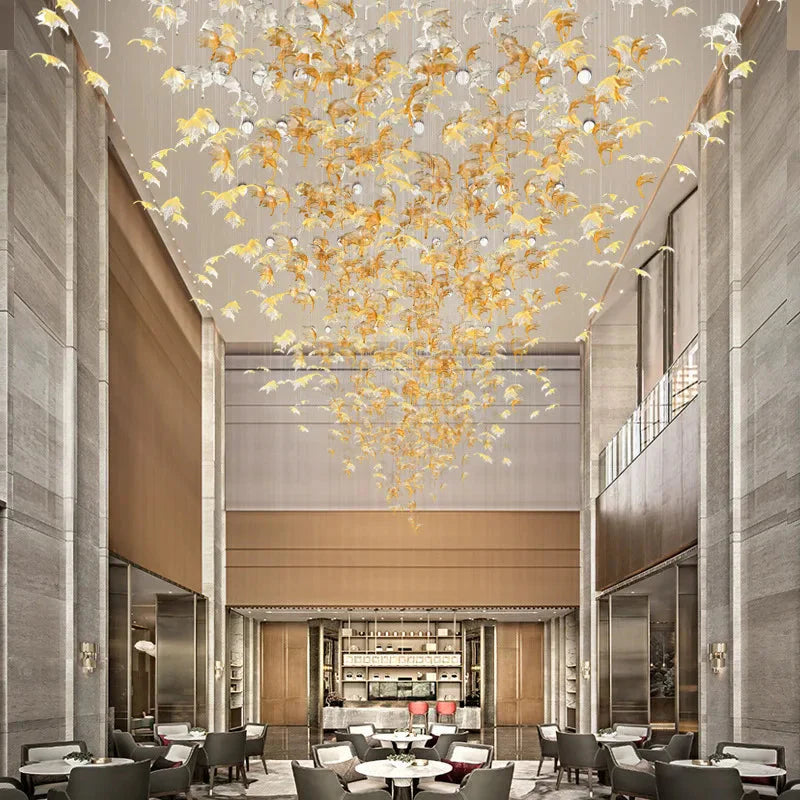 Glass Maple Leaf Hanging Light for Staircase for high ceiling staircase and foyer lighting