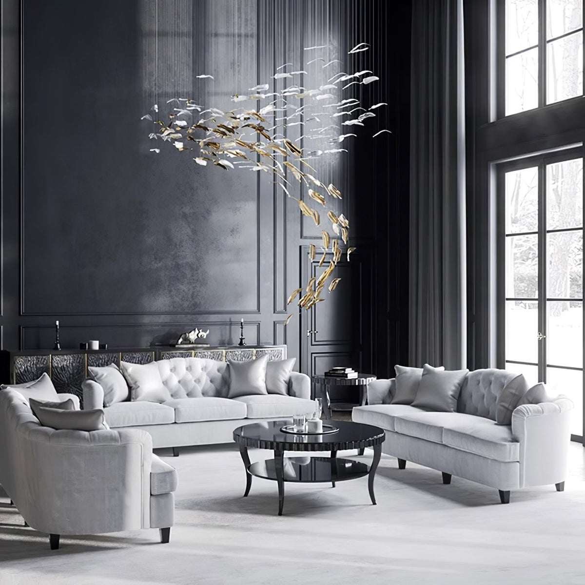 Glass Feathers Flying Chandelier chandelier in a tall interior