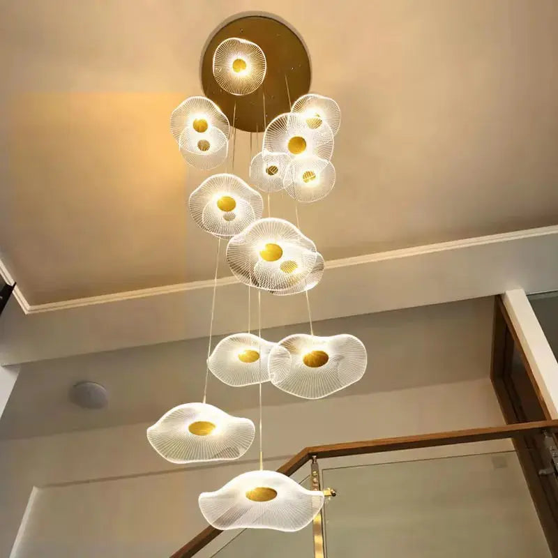 Gold Acrylic Flower Led Chandelier For Stairwell, Staircase for high ceiling staircase and foyer lighting