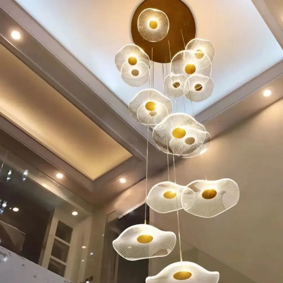 Gold Acrylic Flower Led Chandelier For Stairwell, Staircase for high ceiling staircase and foyer lighting