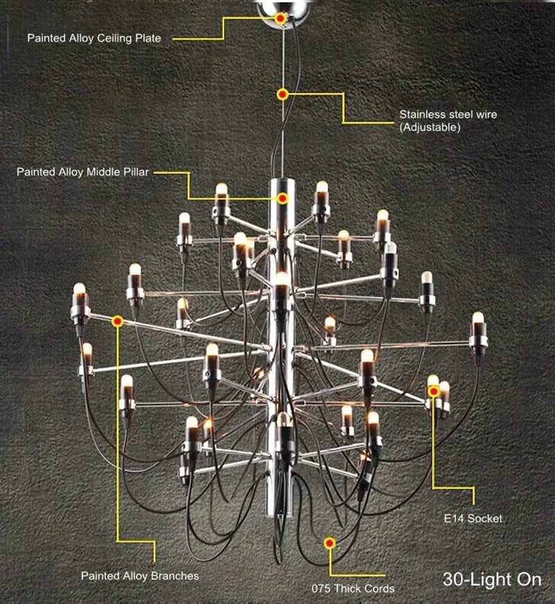 Gino Sarfatti Style Led Pendant Chandelier Black/Silver/Gold for high ceiling staircase and foyer lighting