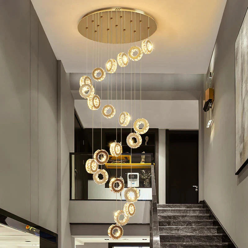 Gold Crystal Spiral Chandelier for Staircase Foyer for high ceiling staircase and foyer lighting
