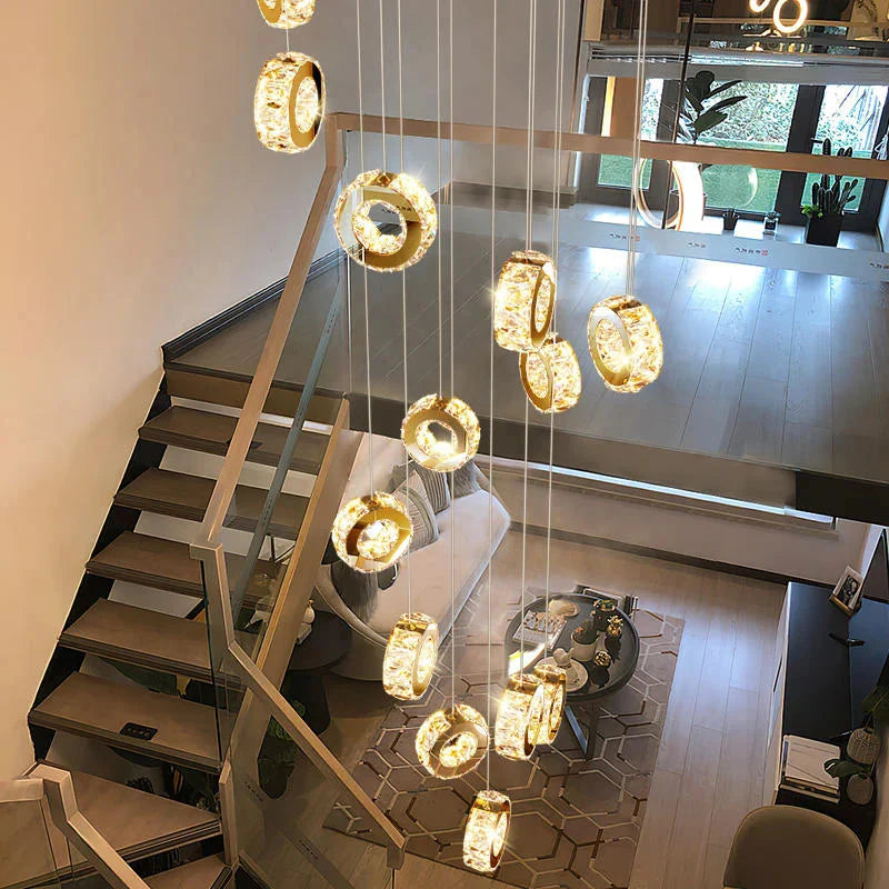 Gold Crystal Spiral Chandelier for Staircase Foyer for high ceiling staircase and foyer lighting