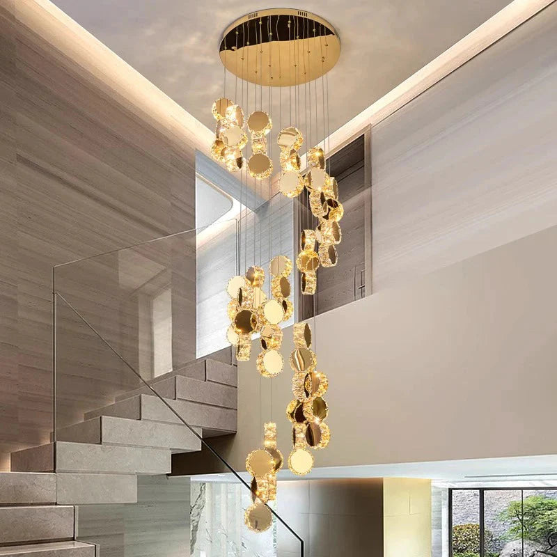 Gold Dimmable High Ceiling Crystal Chandelier for high ceiling staircase and foyer lighting