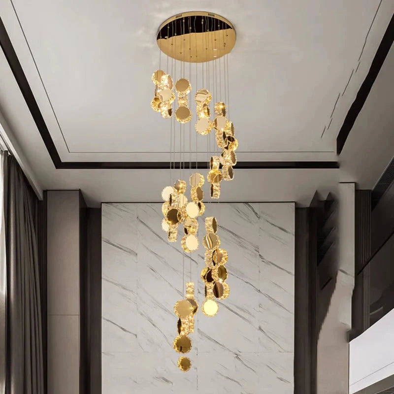 Gold Dimmable High Ceiling Crystal Chandelier for high ceiling staircase and foyer lighting