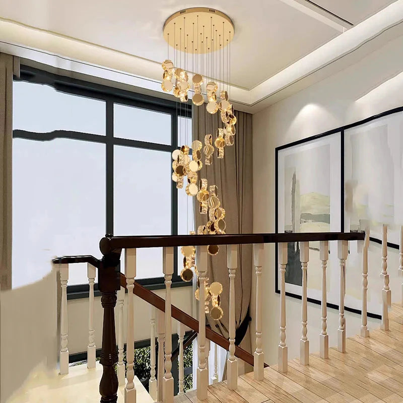 Gold Dimmable High Ceiling Crystal Chandelier for high ceiling staircase and foyer lighting